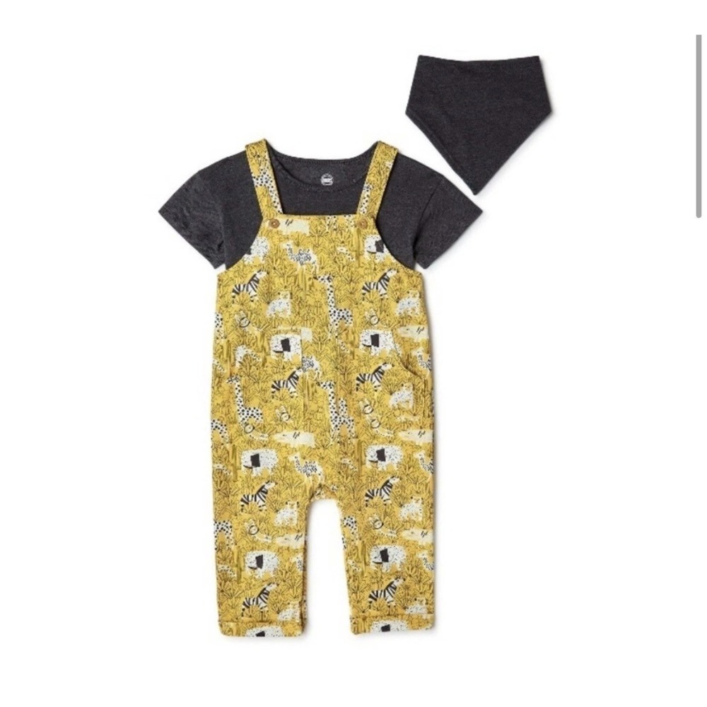 Wonder Nation Outfit Set Yellow Safari Animal Print Coverall Bib Tee 3-6M Boy